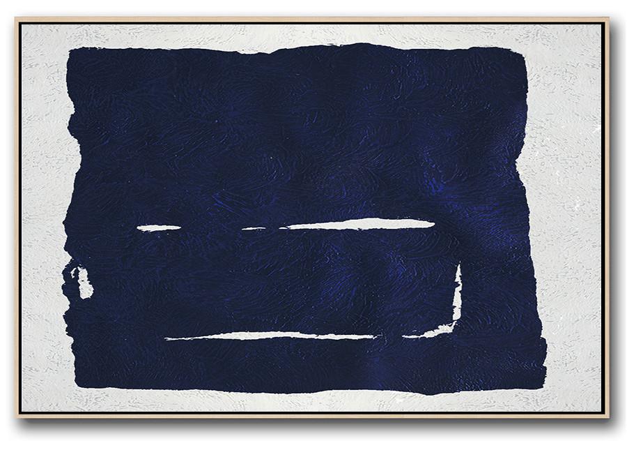 Horizontal Abstract Painting Navy Blue Minimalist Painting On Canvas - Black And Blue Abstract Art Large
